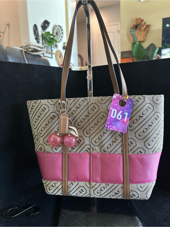 Coach Handbags - COACH #061 Lozengo Signature Tote with Pink Strip Accent